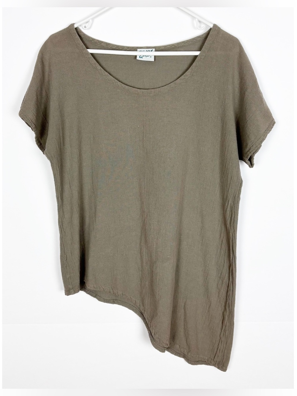 Oh My Gauze Top Size 1 S/M Taupe Asymmetrical Hem Short Sleeve Lagenlook
